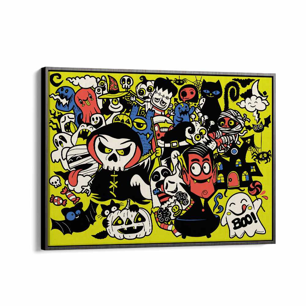 Colorful "Once Upon a Halloween" comic posters featuring whimsical characters, perfect for your Halloween decor by Asianmonk.