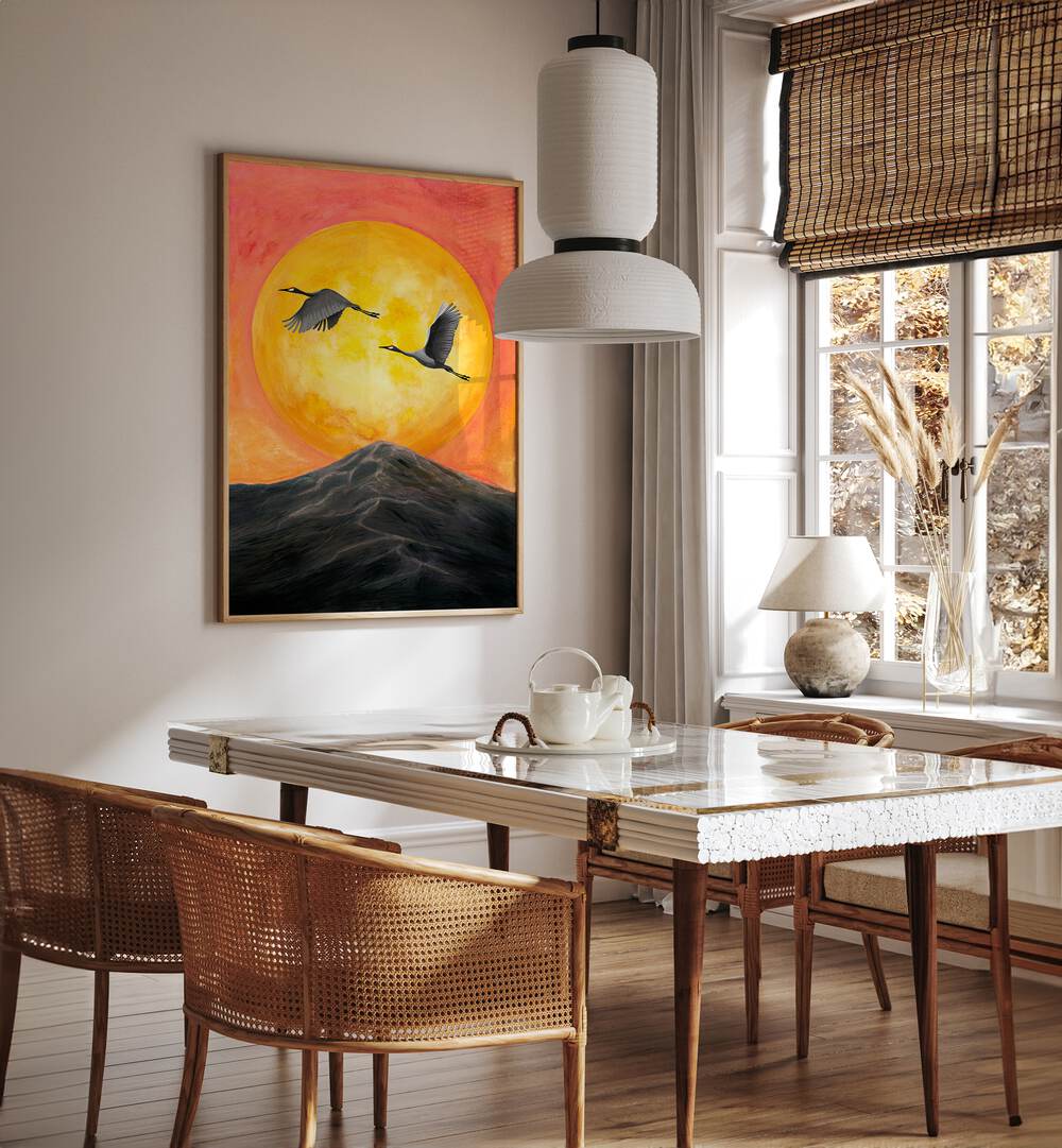 Elegant dining room showcasing ON OUR WAY, LANDSCAPE PAINTINGS, featuring a vibrant sunset and flying cranes.