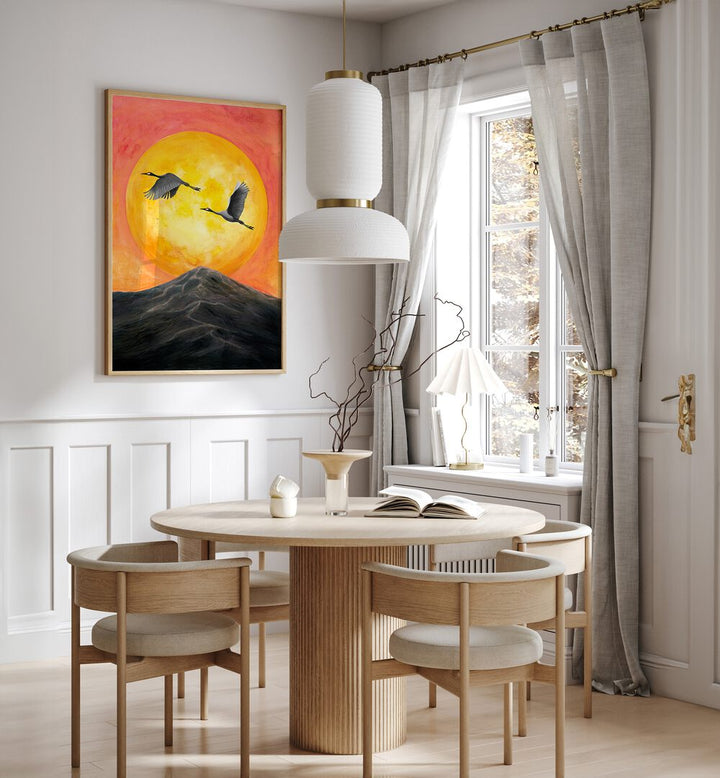 Elegant interior featuring "ON OUR WAY, LANDSCAPE PAINTINGS" showcasing vibrant colors and serene nature.