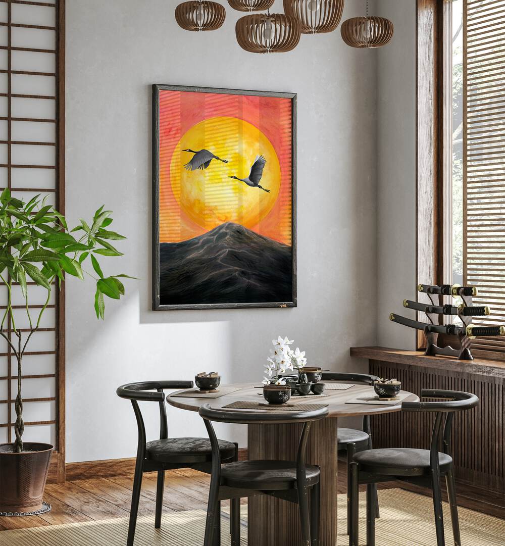 Stunning ON OUR WAY, LANDSCAPE PAINTINGS showcased in a modern dining space with elegant decor.
