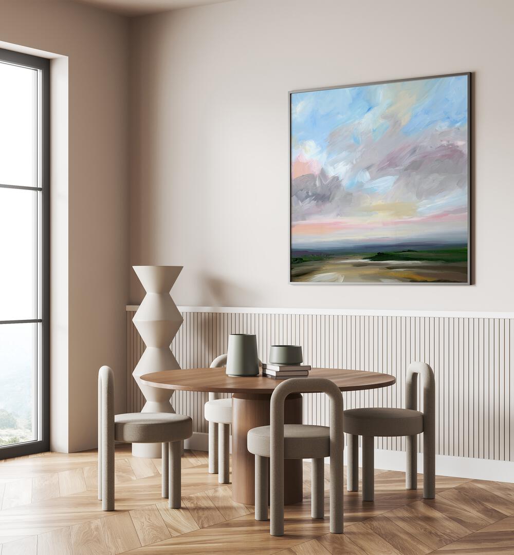 Modern interior featuring OPEN ROAD, ABSTRACT PAINTINGS, evoking adventure and exploration in a stylish setting.