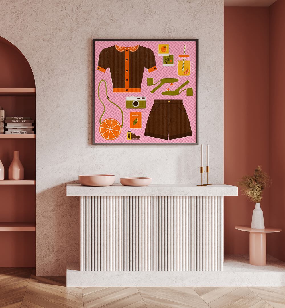 Orange By Julia Leister Fashion Art Painting Artwork in plain drakwood frame above a table on a beige wall