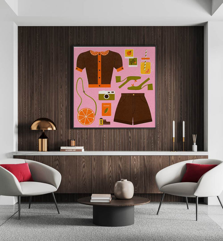 Orange By Julia Leister Fashion Art Painting Artwork in plain black frame above a console table on a brown wall