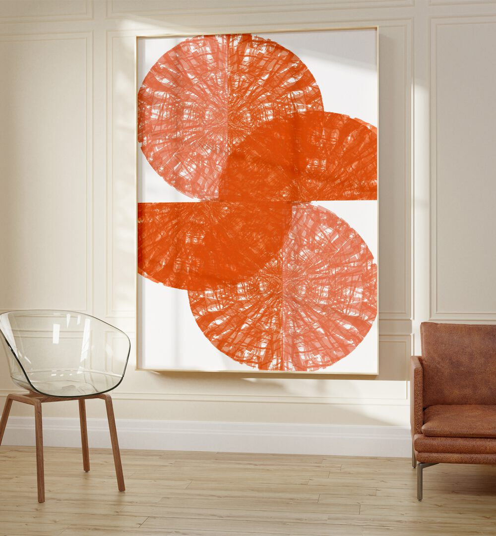 Vibrant ORANGE CIRCLE FANS I, ABSTRACT PAINTINGS enhance modern spaces with style and color. Perfect for any environment.