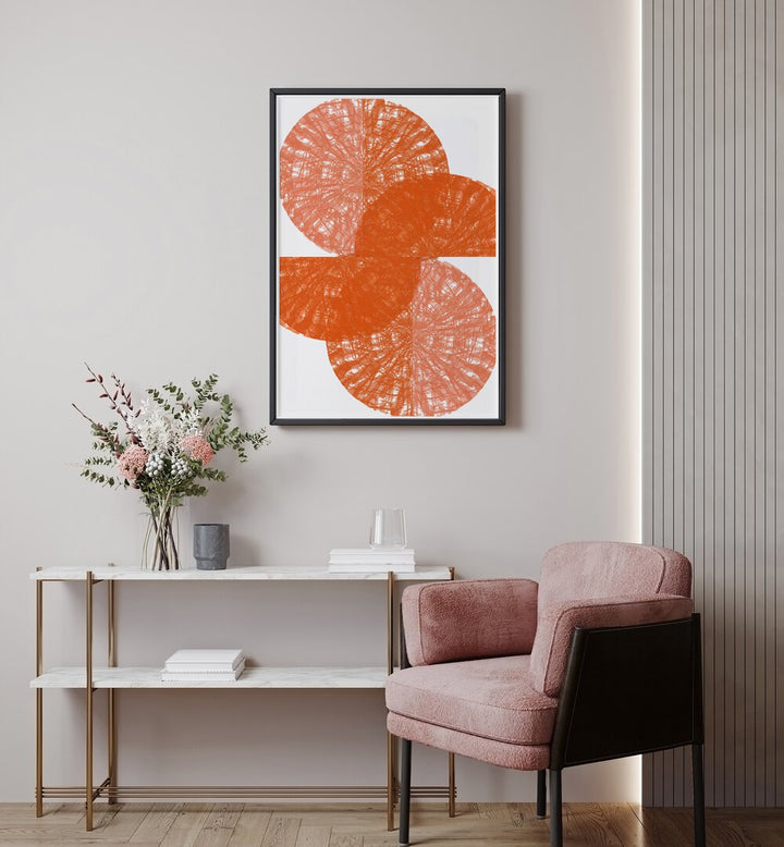 Vibrant ORANGE CIRCLE FANS I, ABSTRACT PAINTINGS, enhance modern spaces with stylish design and bold colors.