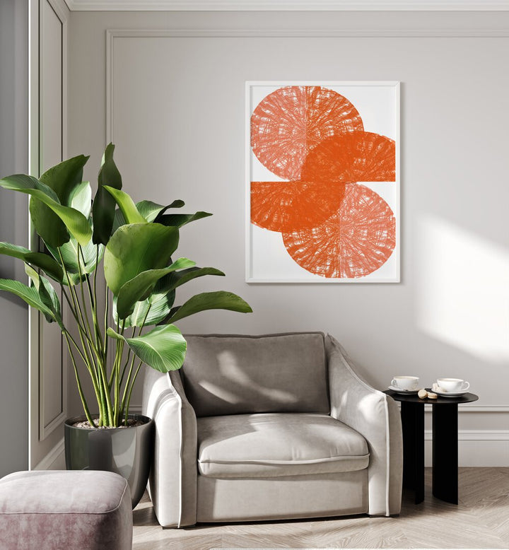 Vibrant ORANGE CIRCLE FANS I, ABSTRACT PAINTINGS, enhance modern spaces with stylish color and flair.