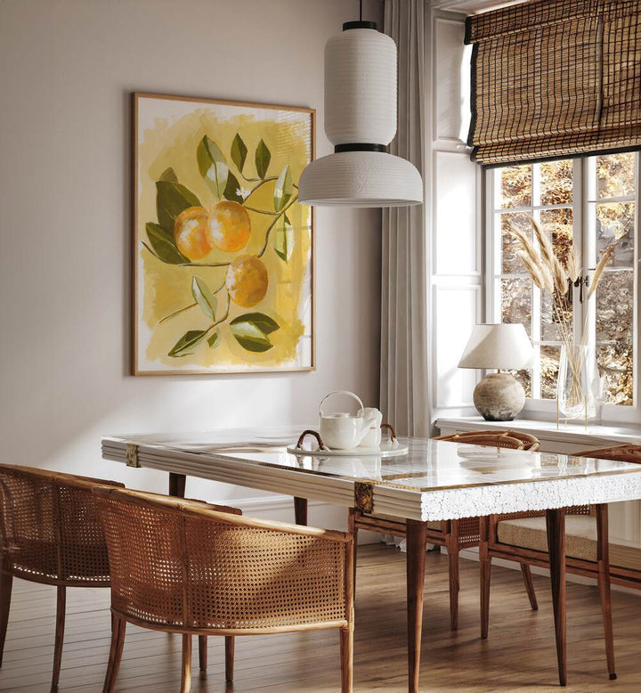 Brightly colored artwork featuring an ORANGE TREE, enhancing a stylish dining space with a warm, inviting vibe.