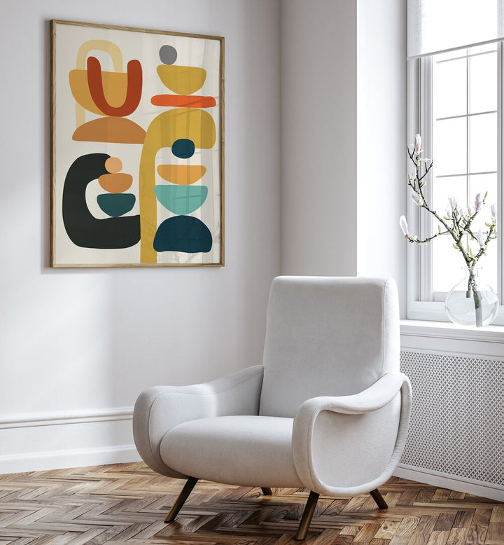 Brightly colored ORGANIC III, BOHO ART PAINTINGS enhance modern interiors with unique geometric shapes.