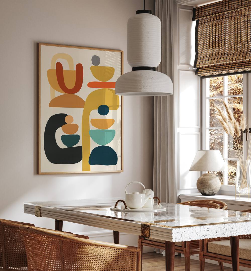 Stylish dining area featuring ORGANIC III, BOHO ART PAINTINGS, showcasing unique organic shapes and vibrant colors.