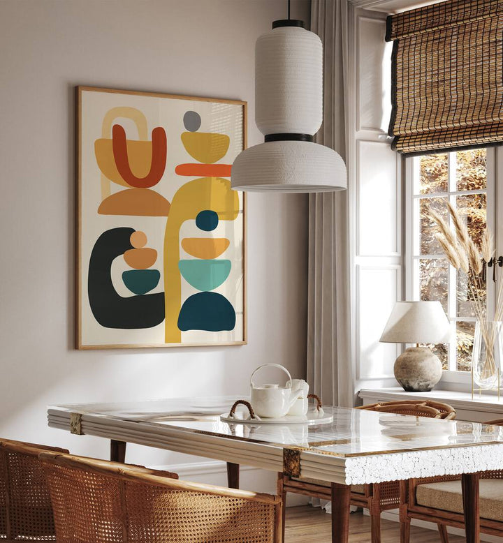 Stylish dining area featuring ORGANIC III, BOHO ART PAINTINGS, showcasing unique organic shapes and vibrant colors.