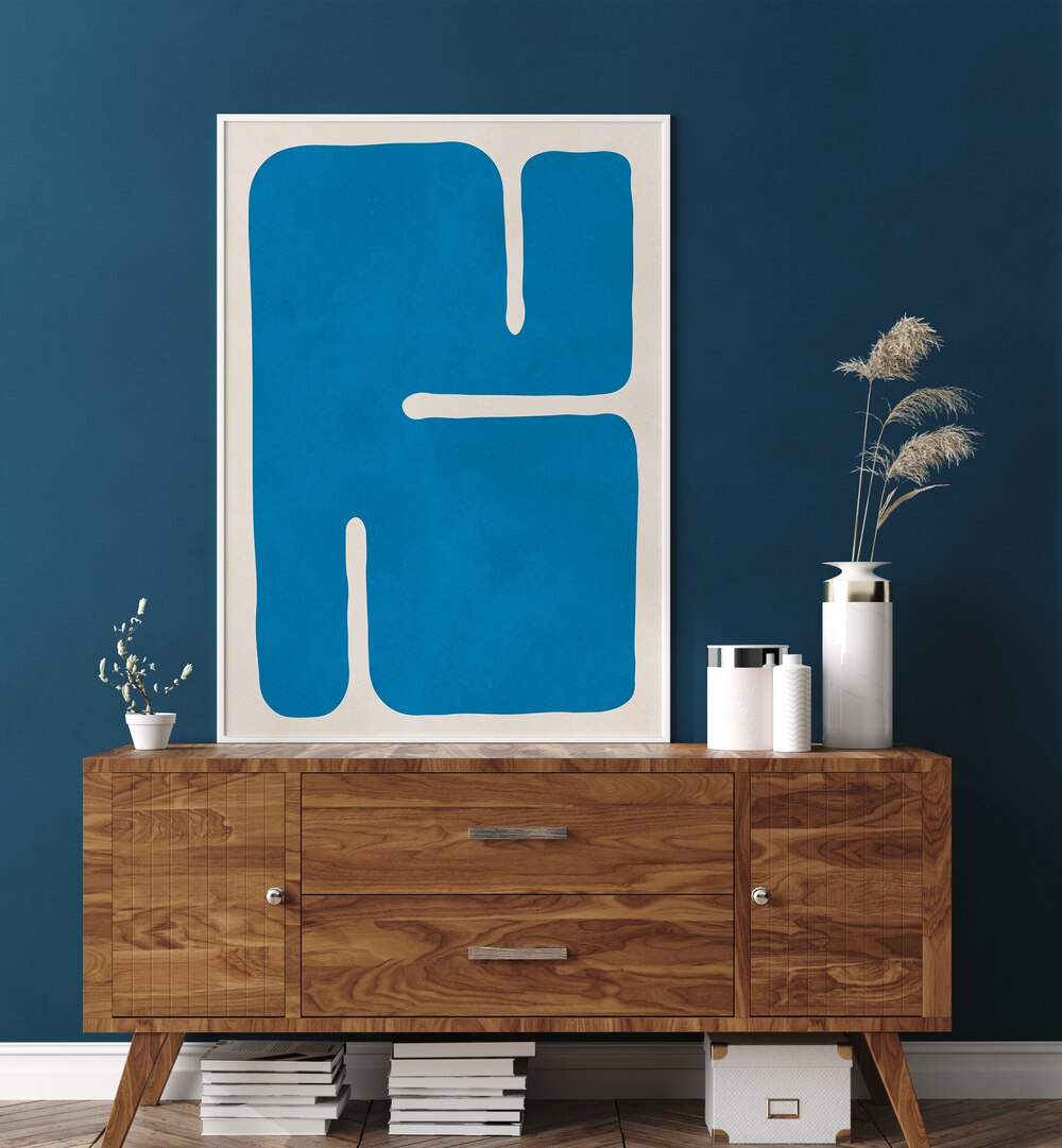 Transform your space with ORGANIC VI, GEOMETRIC ART PRINTS featuring a vibrant blue design on a stylish wall.