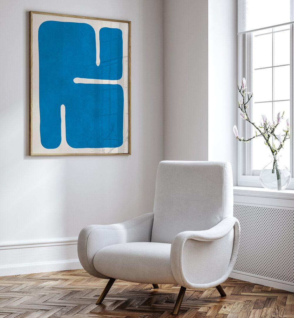 Bright blue ORGANIC VI, GEOMETRIC ART PRINTS showcased in a modern living space, enhancing eco-friendly design aesthetics.