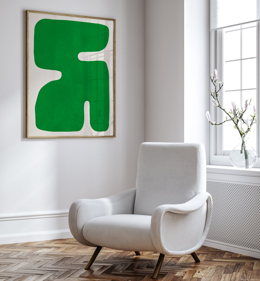 Bright green ORGANIC V, GEOMETRIC ART PRINTS showcase modern elegance in a stylish living room setting.