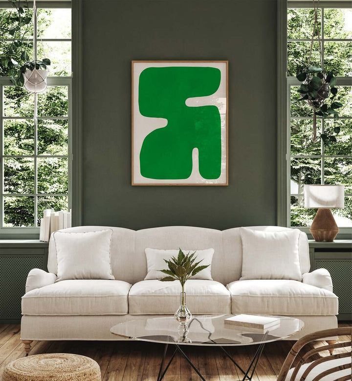 Bright green ORGANIC V, GEOMETRIC ART PRINTS adorn a stylish living room, adding modern elegance and nature-inspired charm.
