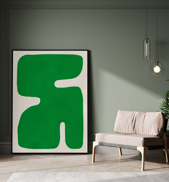 Modern living space featuring ORGANIC V, GEOMETRIC ART PRINTS showcasing vibrant green hues and abstract design.