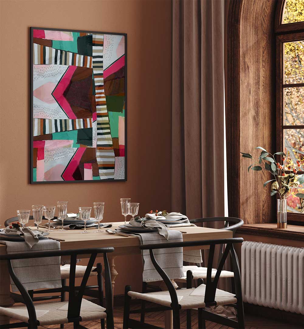 Vibrant OTHER STORIES IX, ABSTRACT PAINTINGS enhance the dining area with modern artistry and colorful designs.