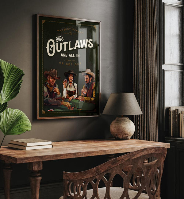Transform your space with OUTLAWS POKER, BAR art, showcasing Wild West spirit and vibrant design.