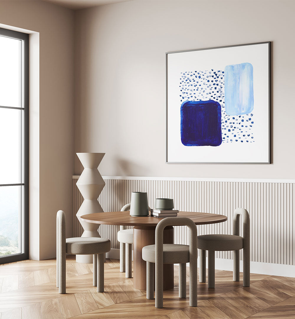 Stunning “Over the Blue Rain is Land, Abstract Paintings” enhancing a modern dining space with rich hues and dynamic strokes.
