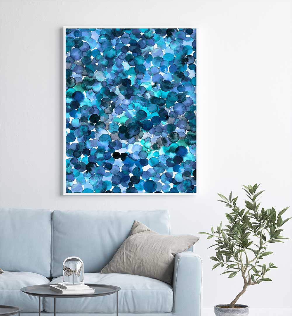 OVERLAPPED WATERCOLOR DOTS BLUE , ABSTRACT PAINTINGS