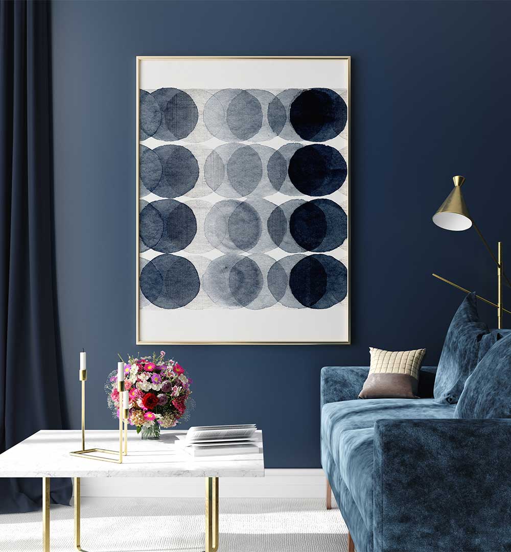 Stylish living room featuring OVERLAPPING II, ABSTRACT PAINTINGS, enhancing modern elegance with vibrant colors.