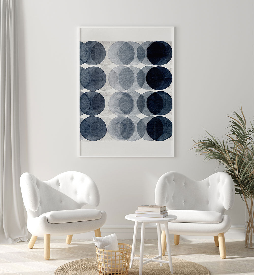Stylish living room featuring OVERLAPPING II, ABSTRACT PAINTINGS, showcasing a captivating blend of colors and forms.
