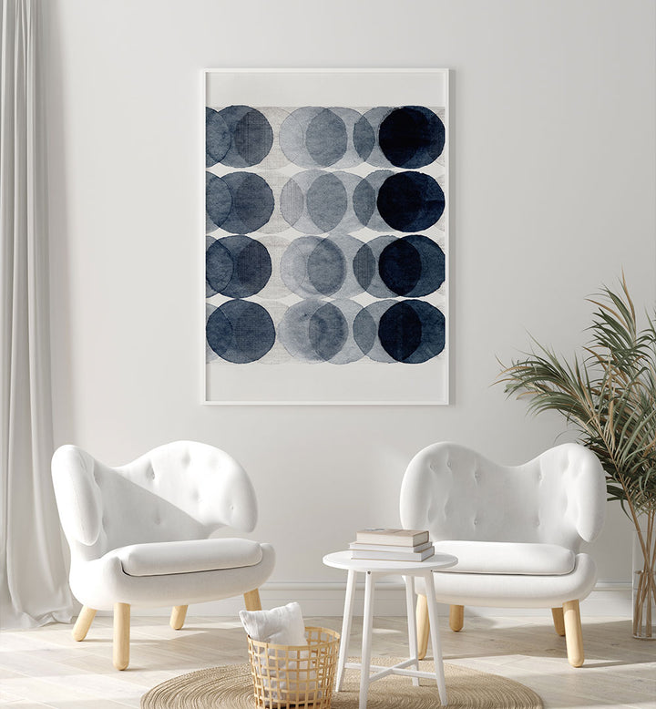 Stylish living room featuring OVERLAPPING II, ABSTRACT PAINTINGS, showcasing a captivating blend of colors and forms.