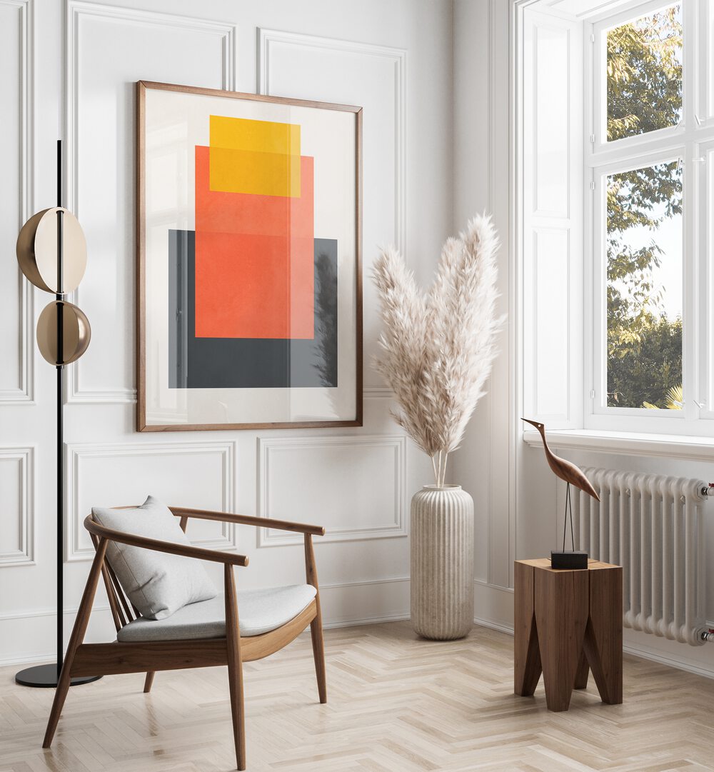 Stylish interior featuring OVERLAPPING II, GEOMETRIC ART PRINTS, blending modern design with vibrant colors.