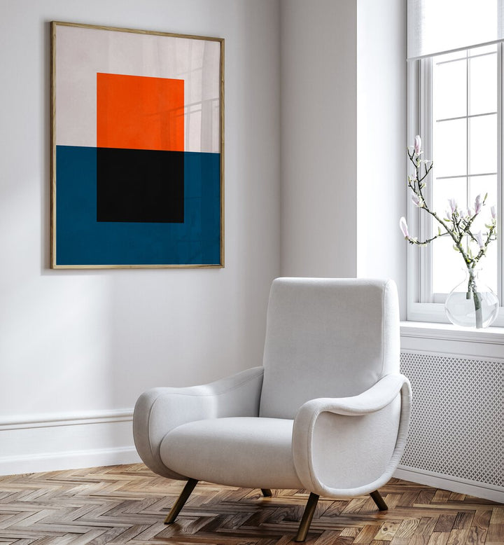 Modern living room featuring OVERLAPPING IV, GEOMETRIC ART PRINTS, showcasing vibrant colors and striking geometric design.