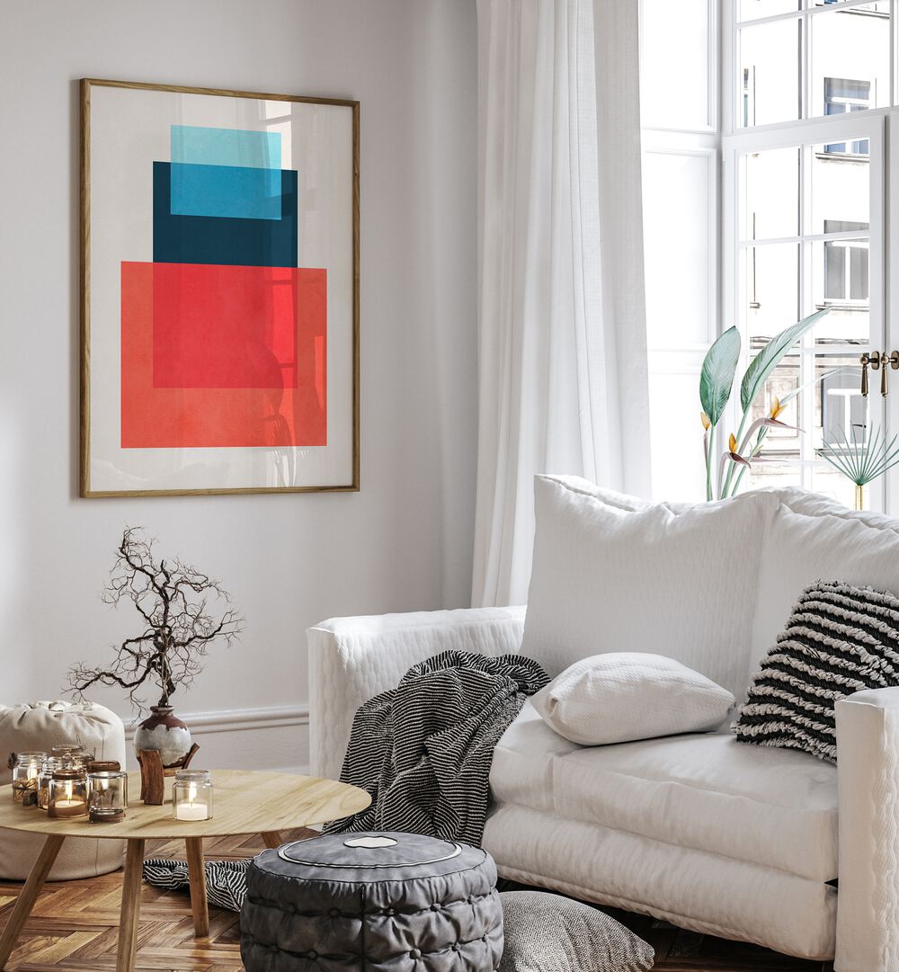Vibrant OVERLAPPING IX , GEOMETRIC ART PRINTS showcased in a stylish living room, enhancing modern decor.
