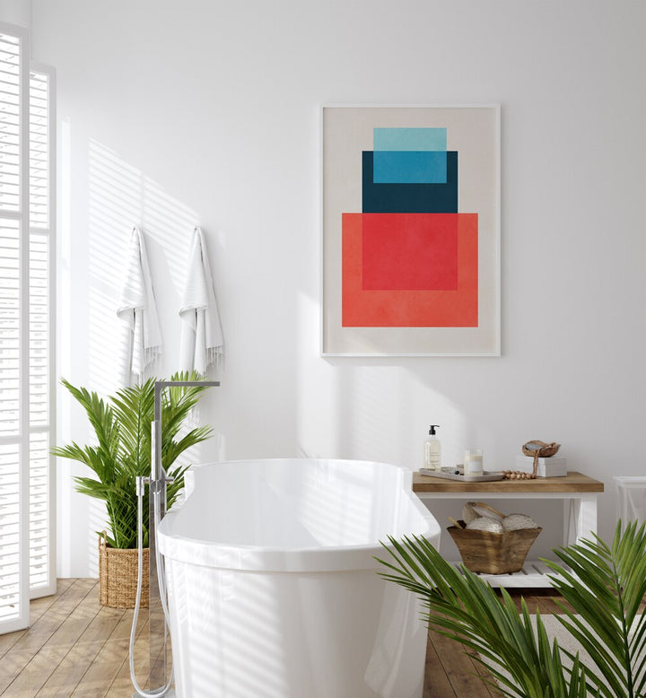 Stylish bathroom featuring OVERLAPPING IX, GEOMETRIC ART PRINTS, enhancing modern aesthetics and functionality.