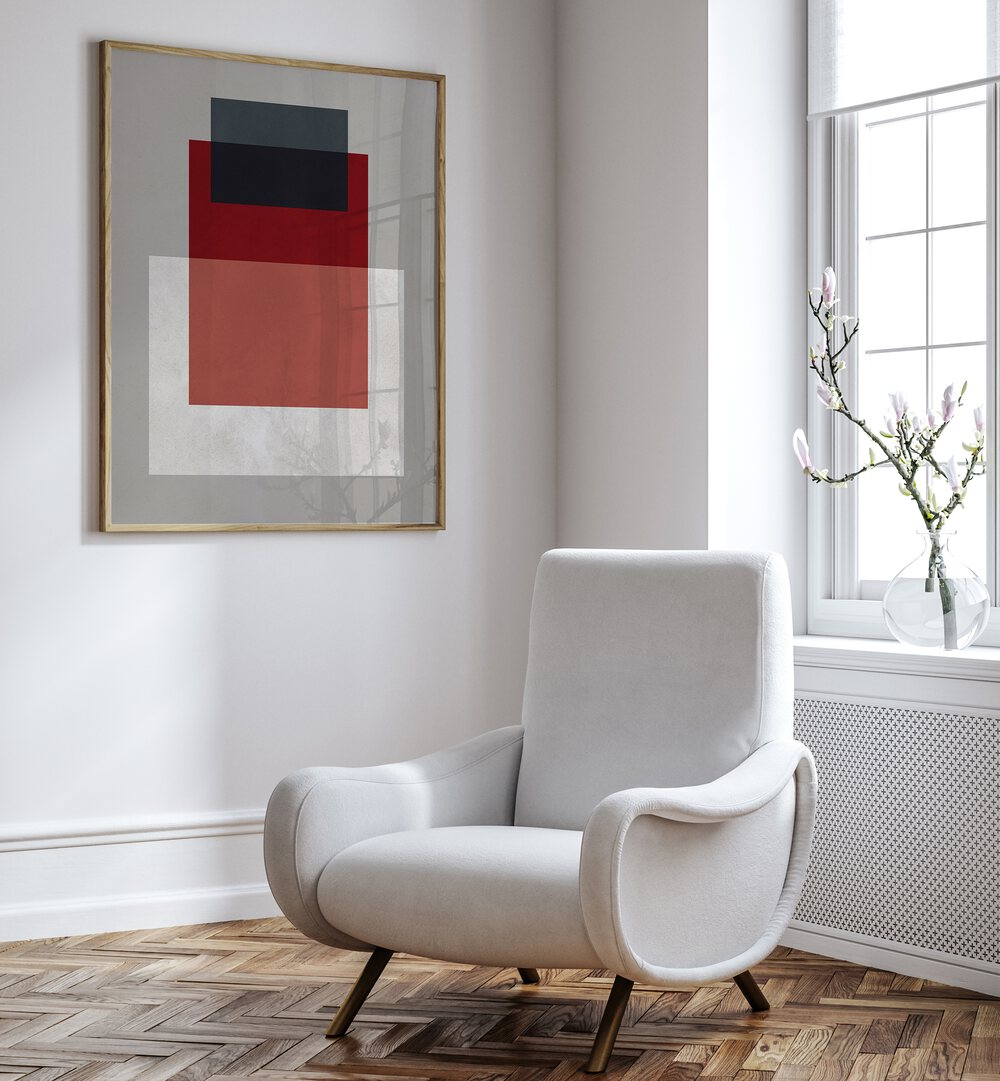 Stylish living room featuring OVERLAPPING VIII, GEOMETRIC ART PRINTS, showcasing vibrant geometric patterns.