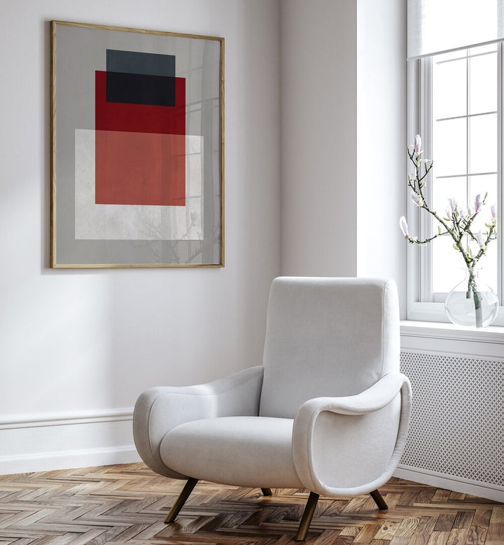 Stylish living room featuring OVERLAPPING VIII, GEOMETRIC ART PRINTS, showcasing vibrant geometric patterns.