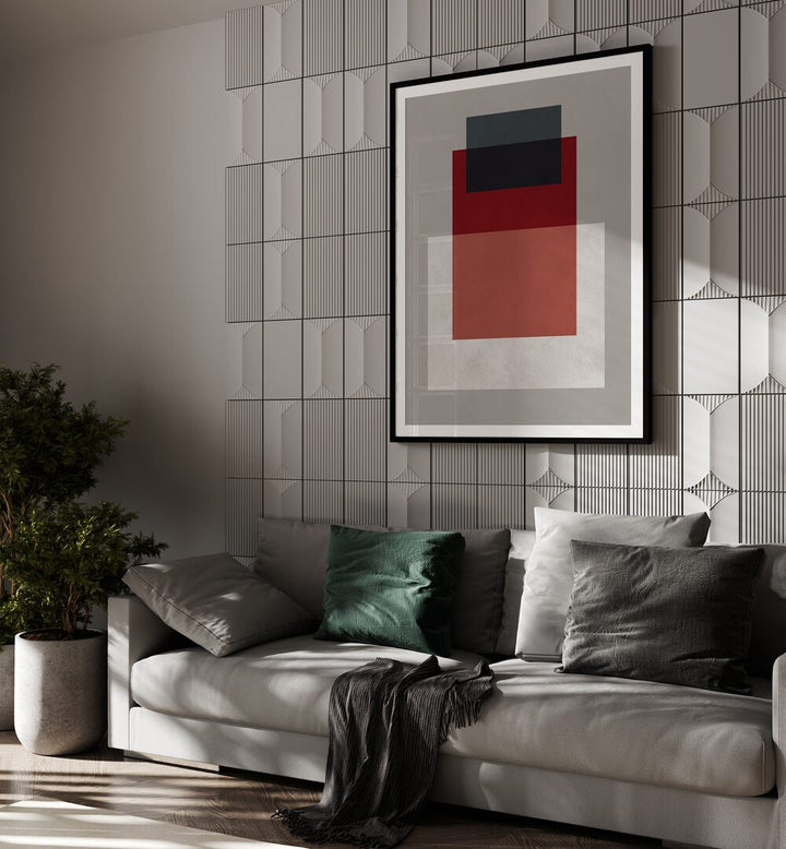 Stylish living room featuring OVERLAPPING VIII, GEOMETRIC ART PRINTS, enhancing modern decor with elegant design.