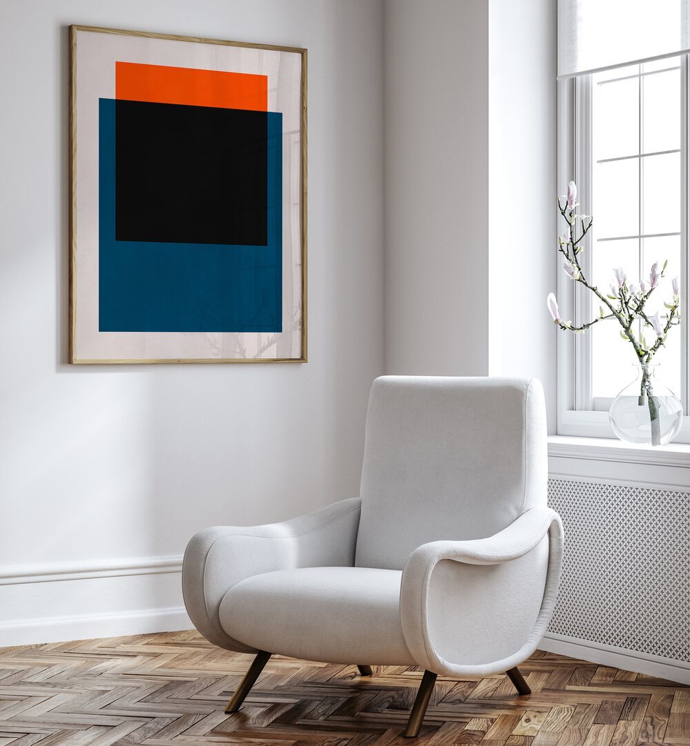 Stylish living room featuring OVERLAPPING VII, GEOMETRIC ART PRINTS that enhance modern decor with vibrant colors.