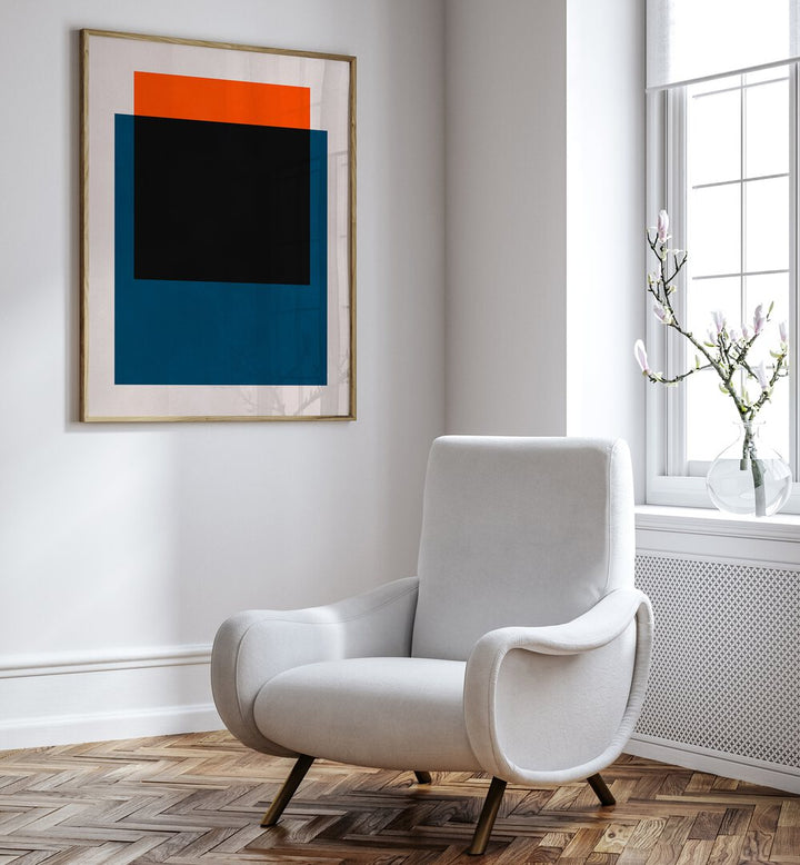 Stylish living room featuring OVERLAPPING VII, GEOMETRIC ART PRINTS that enhance modern decor with vibrant colors.