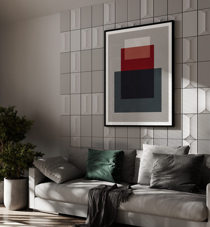 Stylish OVERLAPPING VII, GEOMETRIC ART PRINTS displayed in a modern living room, enhancing contemporary decor.