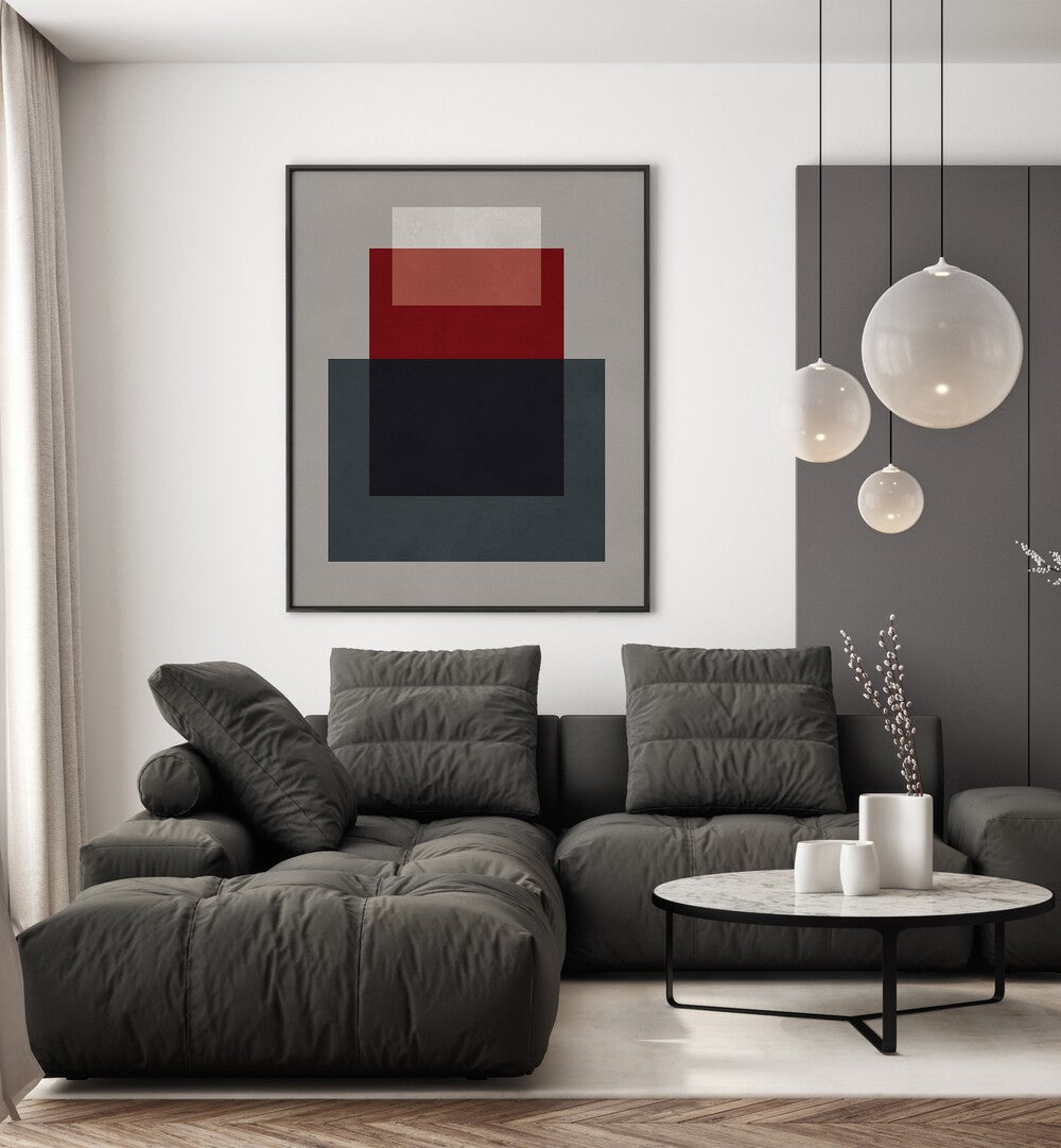 Stylish living room featuring OVERLAPPING VII, GEOMETRIC ART PRINTS, perfect for modern decor and sophistication.