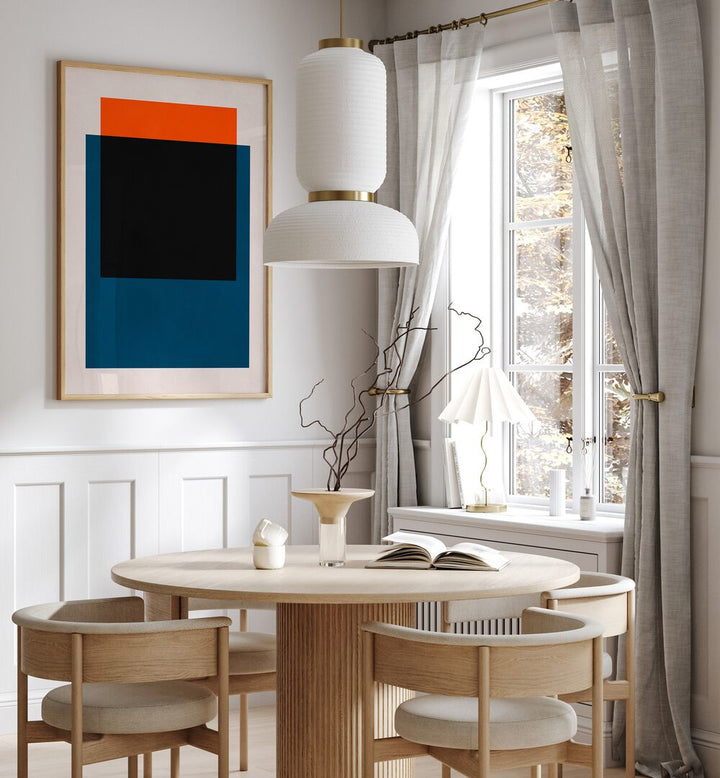 Stylish dining area featuring OVERLAPPING VII, GEOMETRIC ART PRINTS, perfect for modern home decor and creativity.