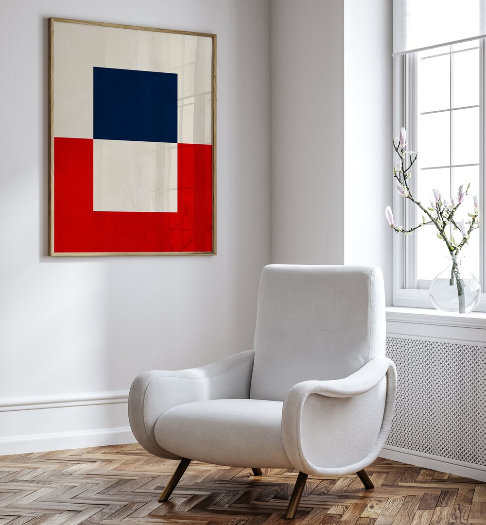 Modern living room featuring OVERLAPPING VI, GEOMETRIC ART PRINTS, blending style and practicality seamlessly.