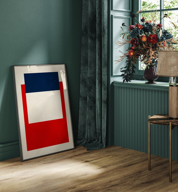 Stylish interior featuring OVERLAPPING V, GEOMETRIC ART PRINTS, showcasing modern design and vibrant geometric shapes.