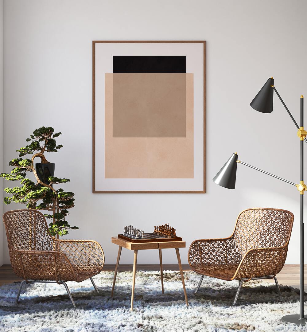 Stylish living room with OVERLAPPING XIII, GEOMETRIC ART PRINTS on the wall, enhancing modern decor and creativity.