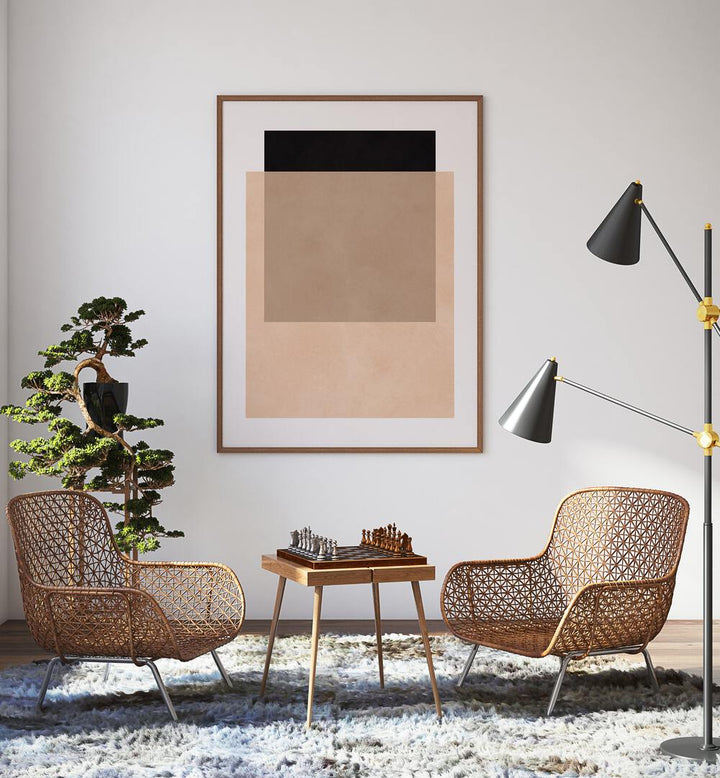 Stylish living room with OVERLAPPING XIII, GEOMETRIC ART PRINTS on the wall, enhancing modern decor and creativity.