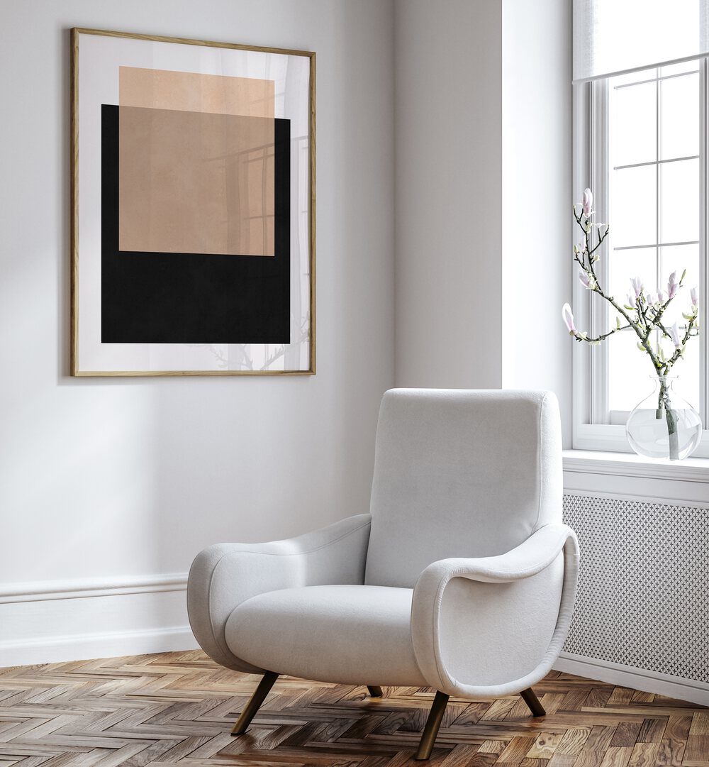 Stylish living room featuring OVERLAPPING XI, GEOMETRIC ART PRINTS, enhancing modern aesthetics and functionality.