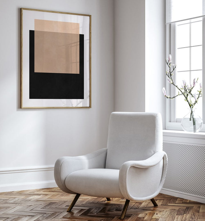 Stylish living room featuring OVERLAPPING XI, GEOMETRIC ART PRINTS, enhancing modern aesthetics and functionality.