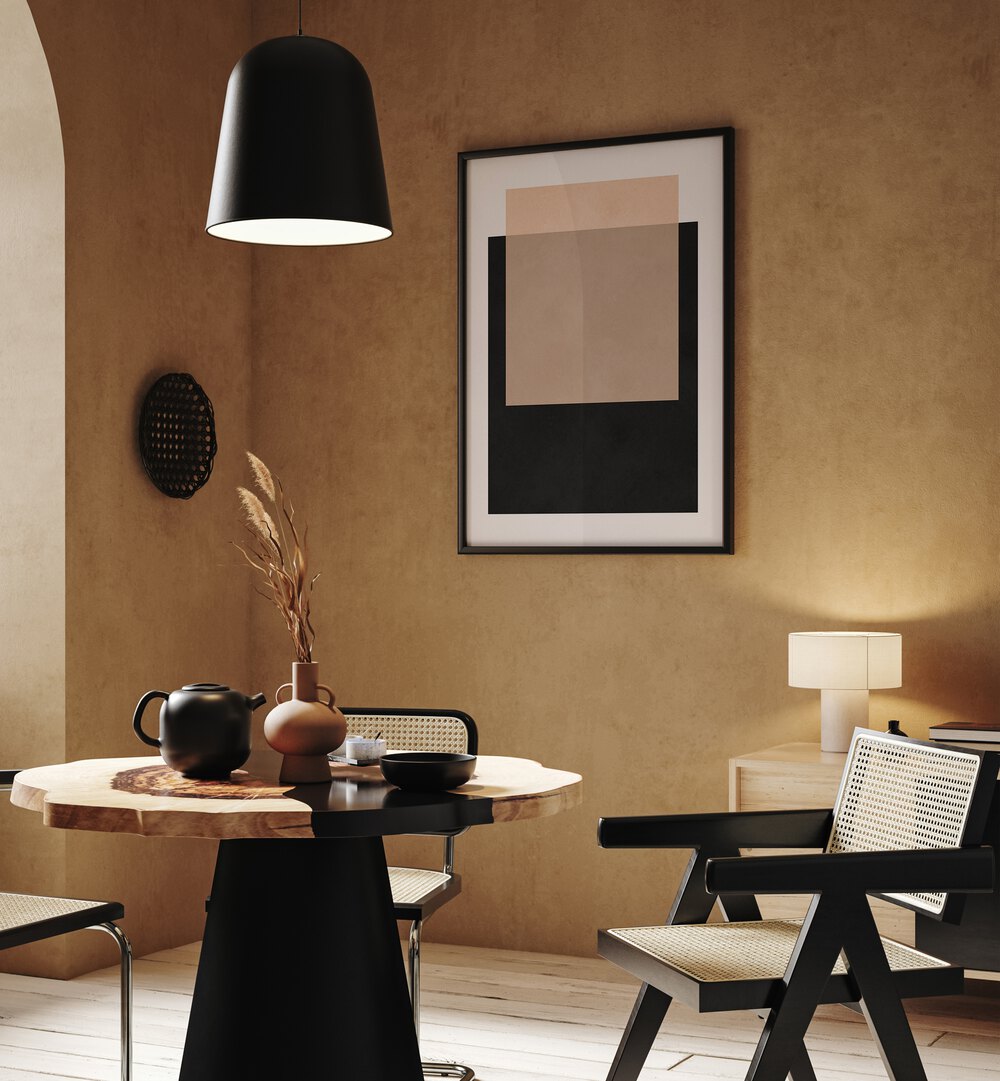 Stylish dining area featuring OVERLAPPING XI, GEOMETRIC ART PRINTS that enhance modern aesthetics and functionality.