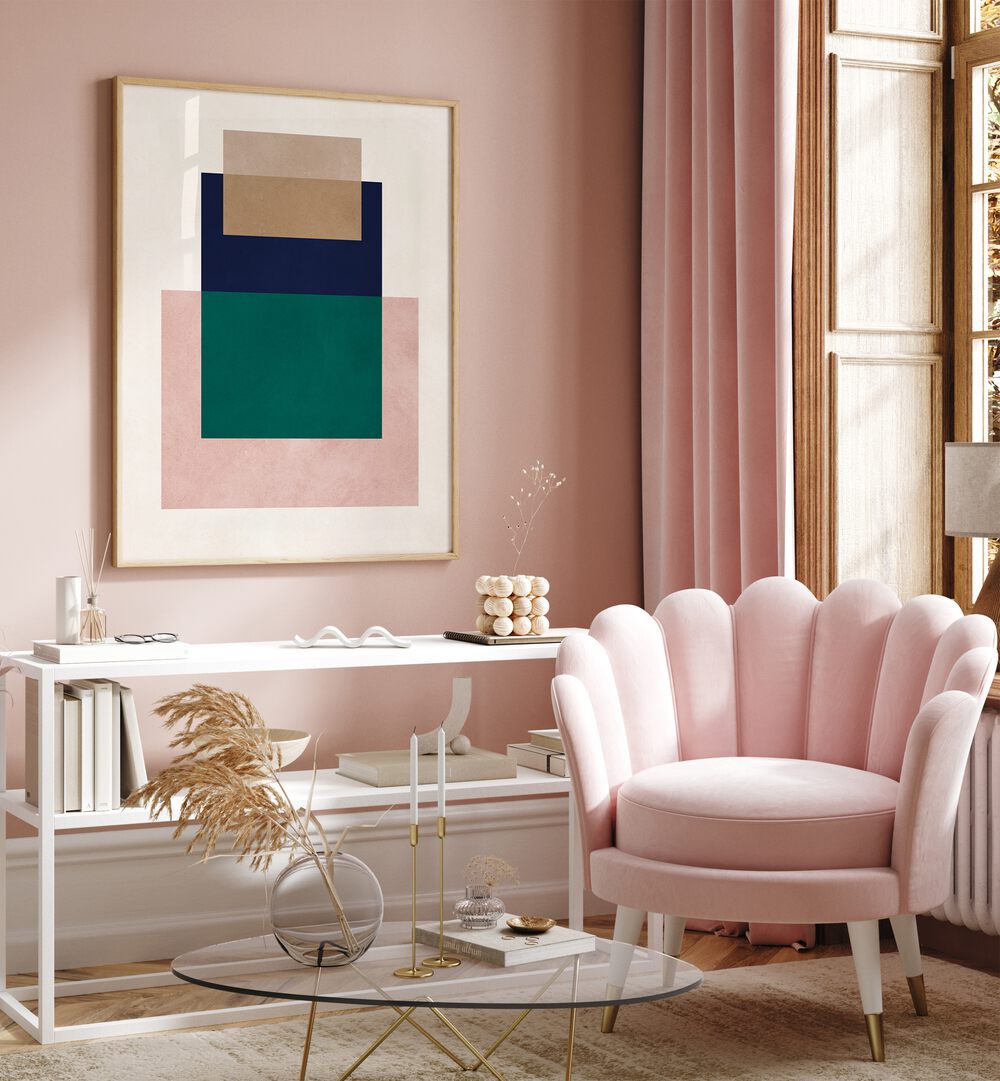 Stylish living room featuring OVERLAPPING XVI, GEOMETRIC ART PRINTS, enhancing modern decor with vibrant shapes.