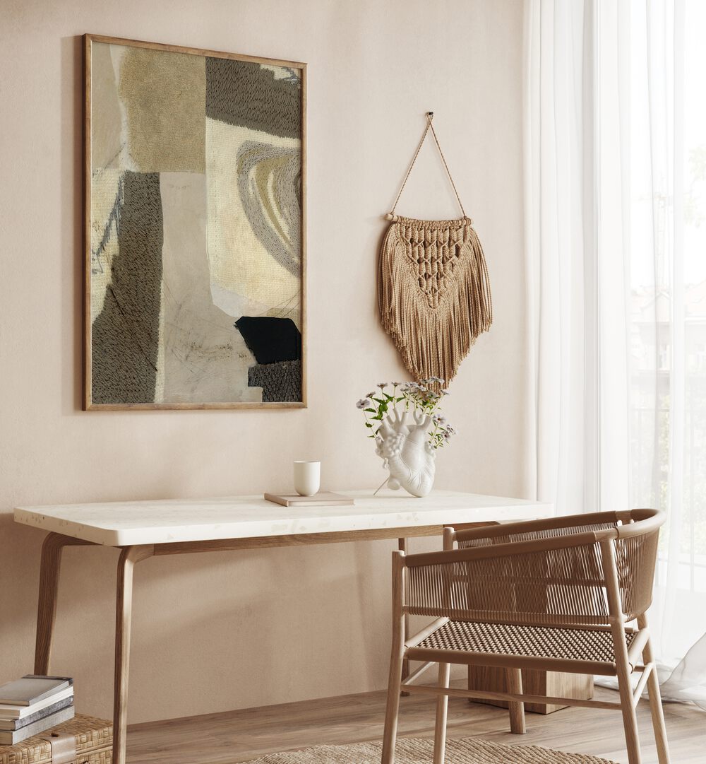 Stylish workspace featuring OVERLAY, ABSTRACT PAINTINGS that enhance the room's character and vibrant atmosphere.