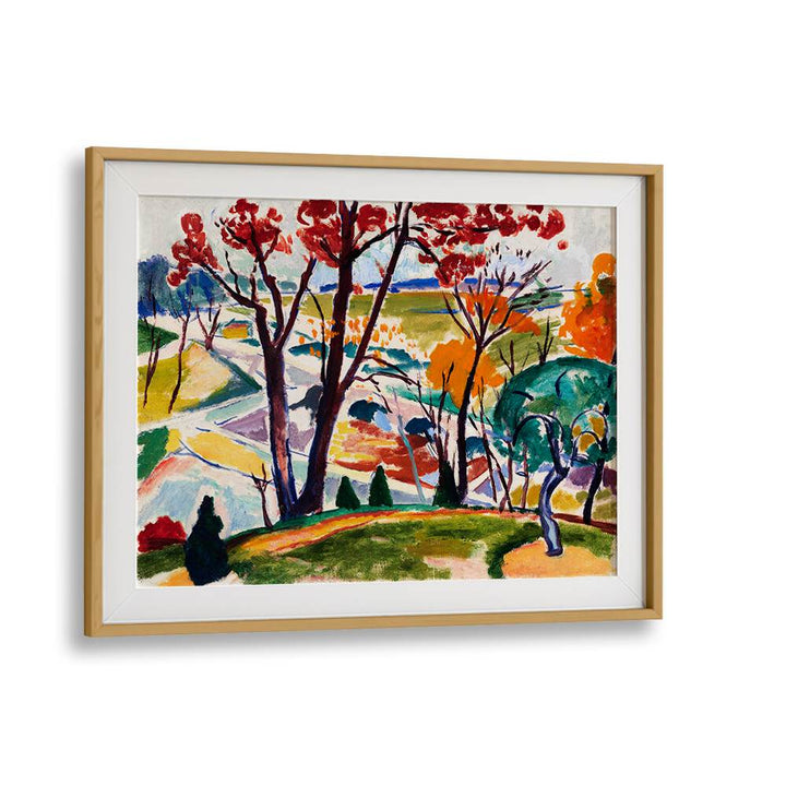 A framed painting from Asianmonk's Masters Art collection, titled "Landscape, Bridge, Huntingdon Valley (ca.1915 - 1916)," showcases a colorful autumnal landscape with trees in hues of red, orange, and green. The scene features paths winding through rolling hills beneath a bright sky and is crafted using giclee printing to capture every vibrant detail.