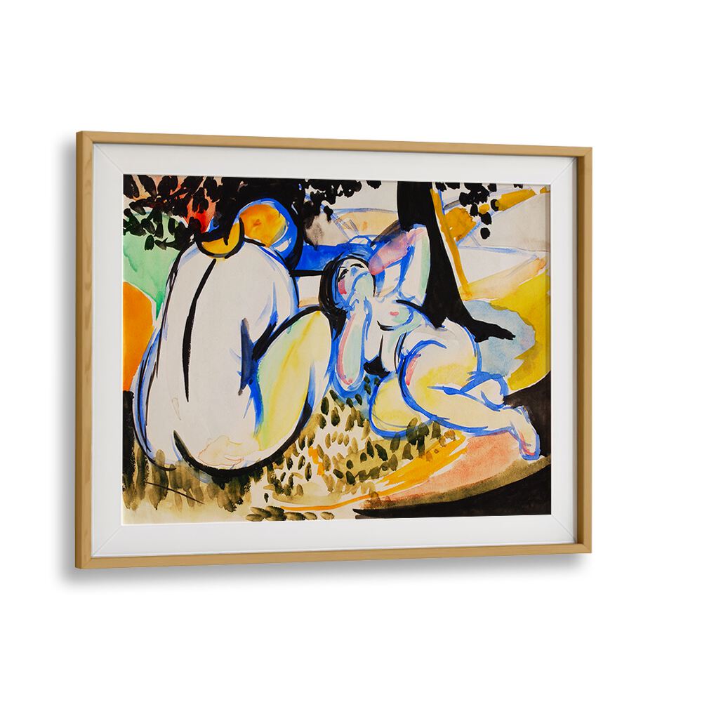 The framed artwork from Asianmonk's NUDES (1915 - 1918), VINTAGE PAINTINGS collection features two abstract human figures in a colorful, expressionist style. One figure is outlined in blue while seated, and the other reclines under a tree with dynamic brushstrokes. The vibrant colors—yellow, orange, green, and blue—showcase the giclee printing technique.