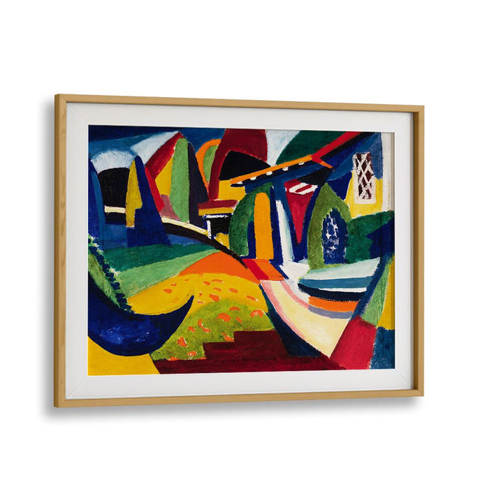 Framed abstract painting titled "SCHEHERAZADE (1915)" from the Vintage Paintings collection by Asianmonk, showcasing a vibrant array of curved and angular shapes in green, blue, red, and yellow. It seemingly illustrates a landscape with a house and greenery.